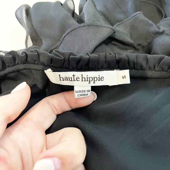 Haute Hippie Ruffled Long Sleeve Button Up Blouse Top Black Small - Picture 2 of 6